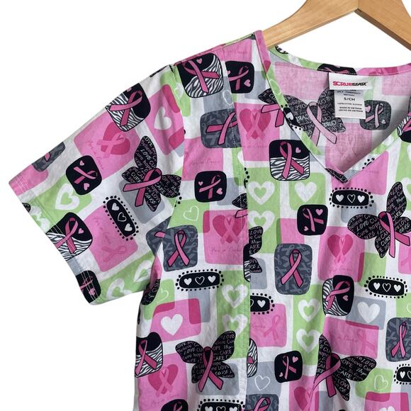 Scrubstar Women Top S Pink Uniform Medical Nurse Pattern Breast Cancer Awareness - Picture 6 of 9